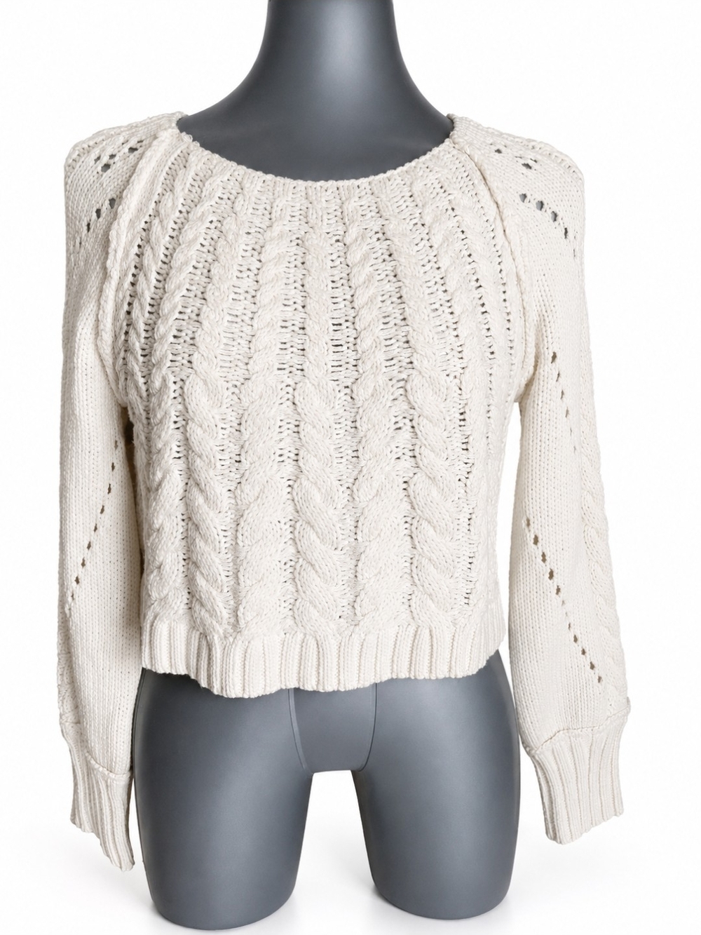 Altar'd State Ivory Cable Knit Cropped Sweater Large Boho Open Knit NWOT - Picture 2 of 5